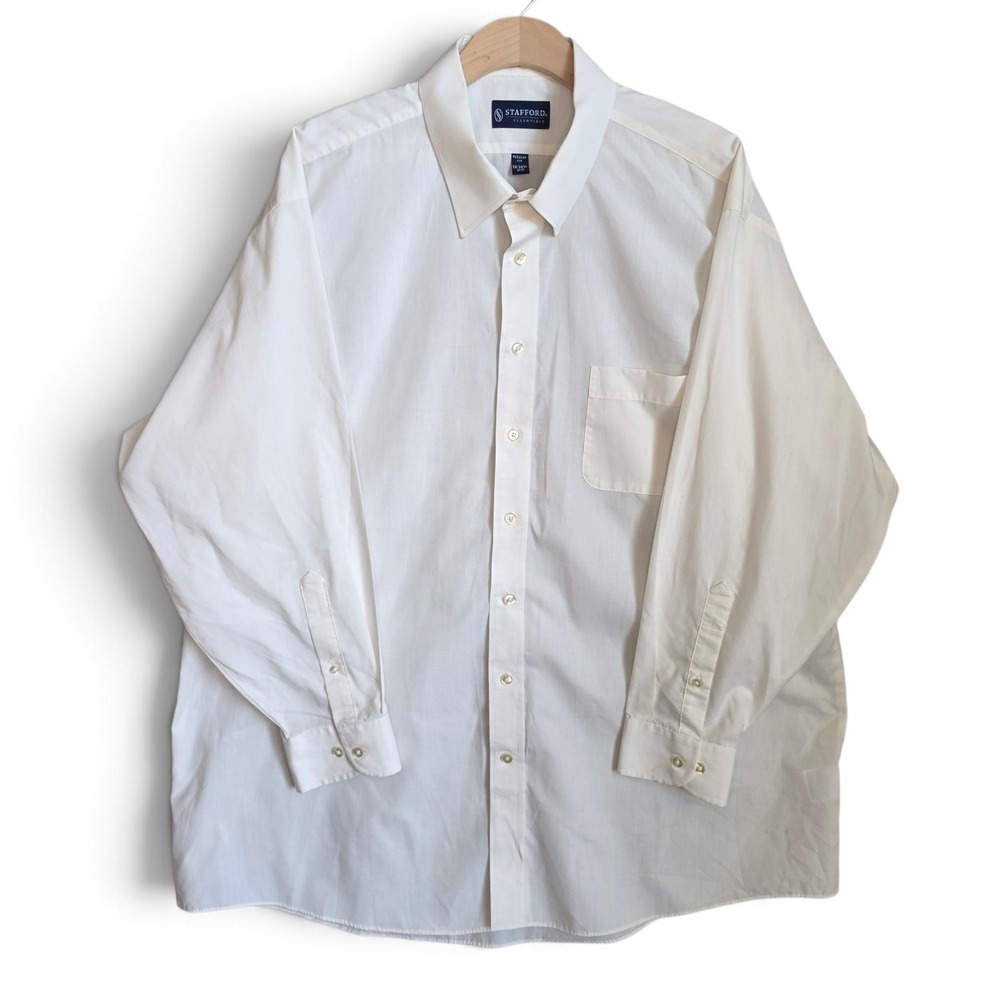 Stafford Essentials Mens Dress Shirt 18 18.5 34 35 Ivory Regular Fit Long Sleeve
